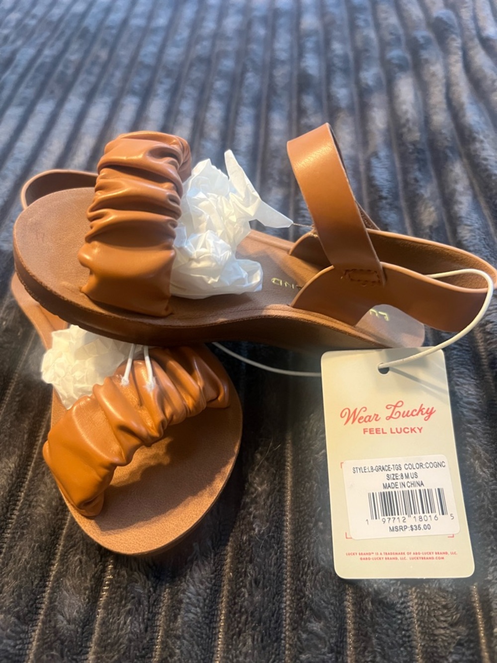 Lucky Brand Cognac Ruched Front Ankle Strap Sandals